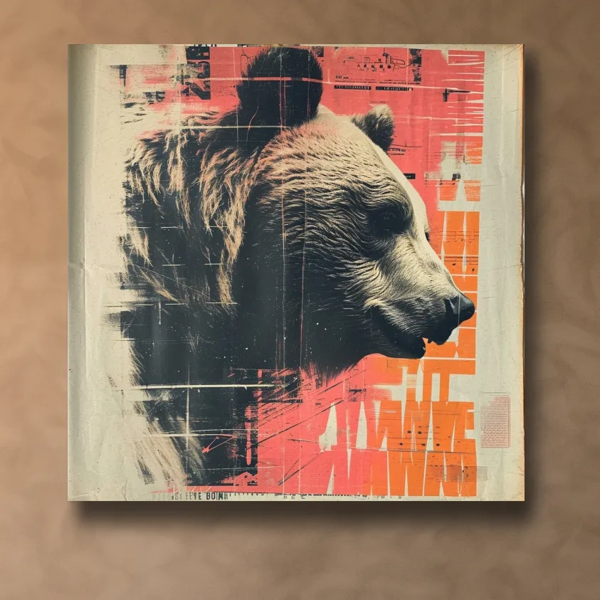 Grizzly bear artwork, magazine collage style art illustration