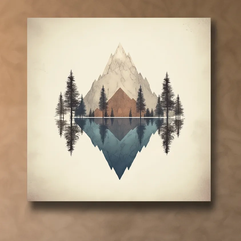 Minimal mountain art, reflections in the lake
