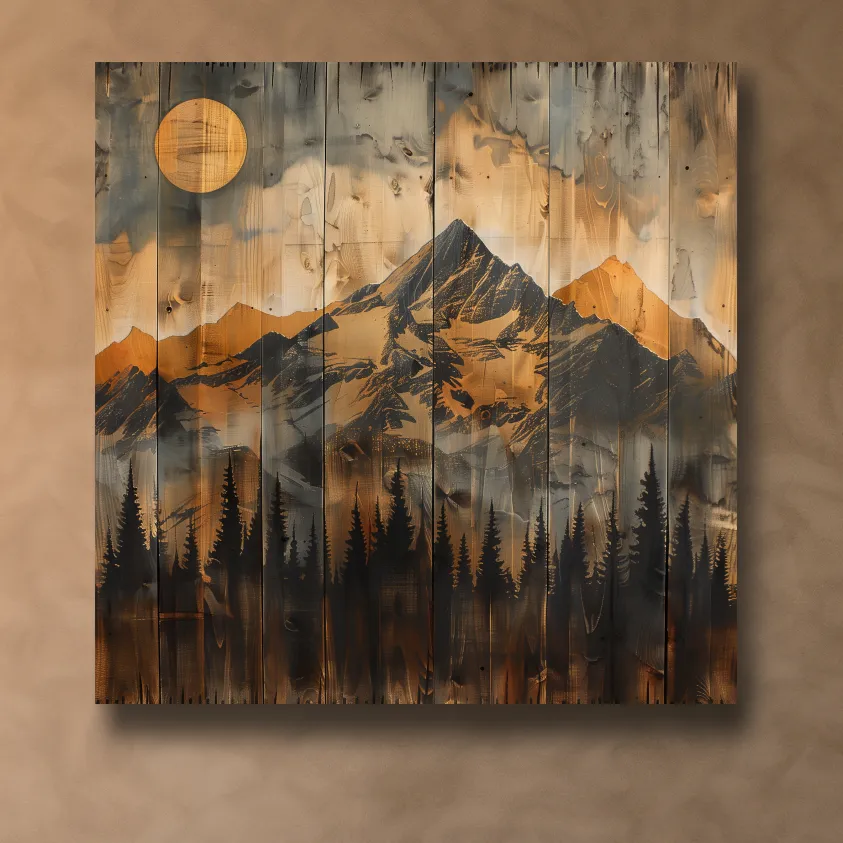 Mountain range alpine forest art, rustic wood burning effect, wood panel art