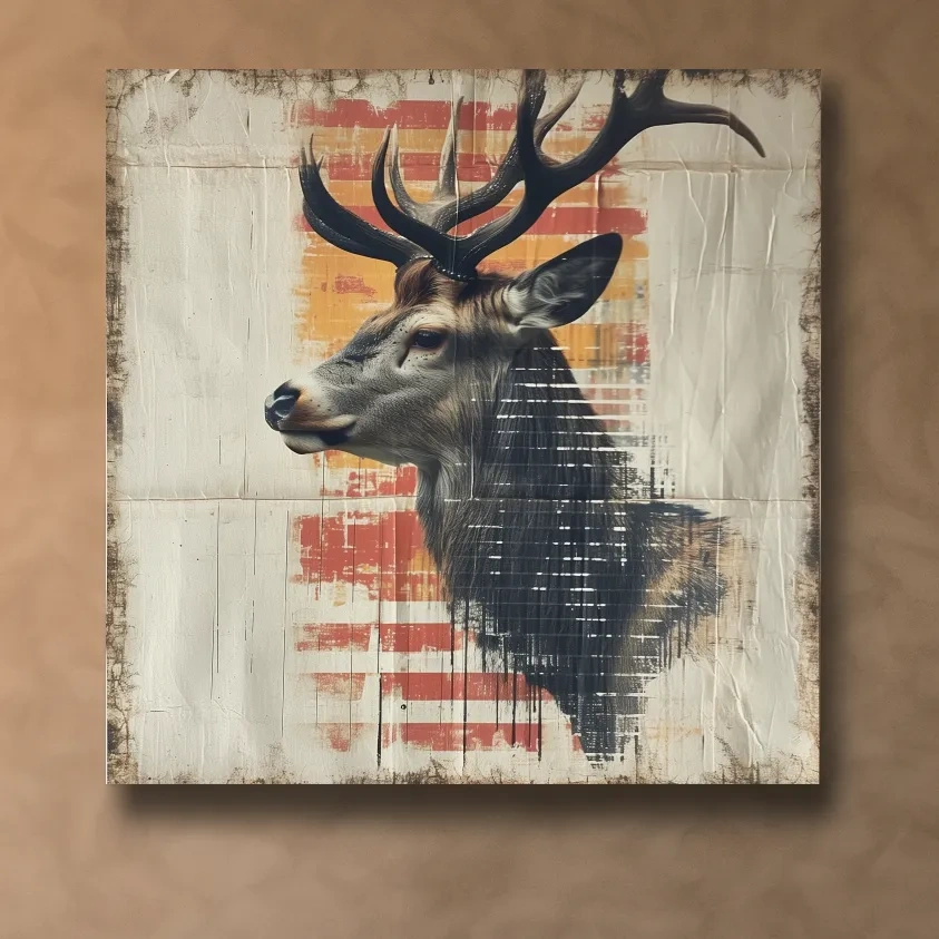 Deer head artwork, collage style art on textured paper