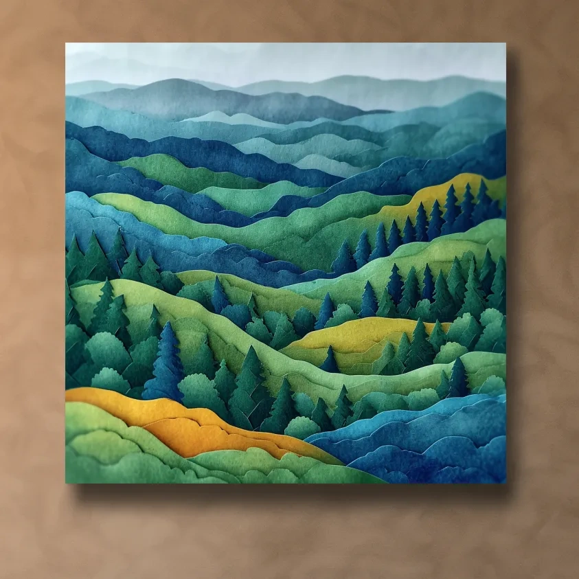 3d layered paper quilling effect artwork, rolling hills and forest
