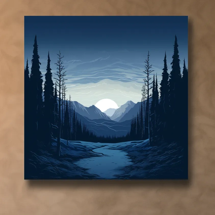 2d vector mountain art, dusk in the alpine meadows