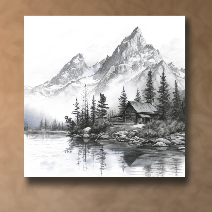 Lead pencil drawing of a cabin by an alpine lake beneath a glacier, mountain art