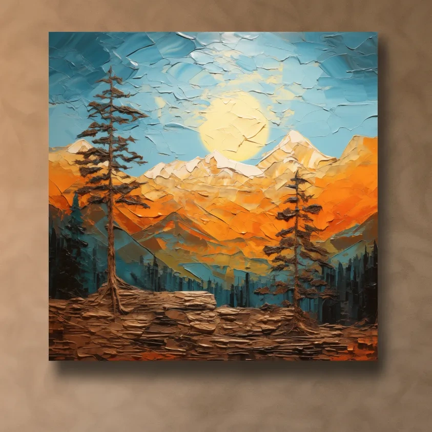 Mountains at sunset artwork print, thick impasto textured oil painting effect