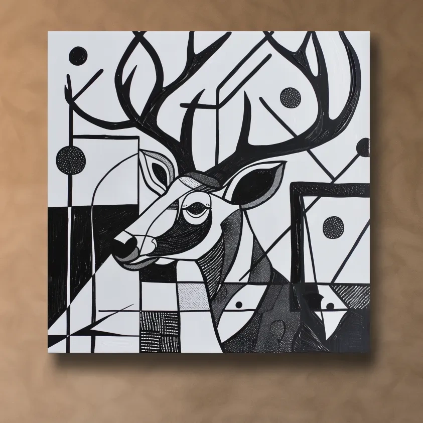 Abstract painting, black & white deer head and antlers artwork