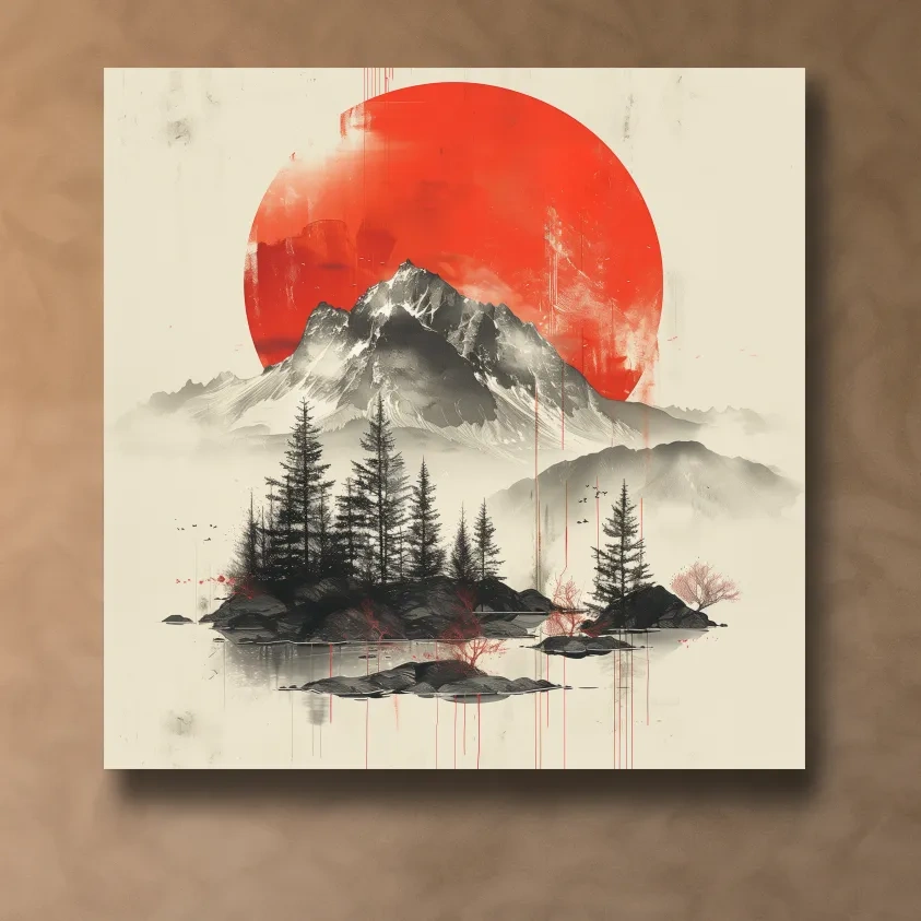 Japandi style minimalist artwork, sunset over a mountain glacier