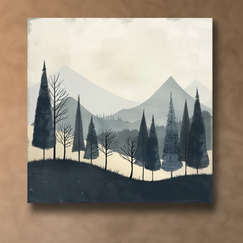 Minimalist Nordic Mountain Forest Landscape - Serene Scandinavian Nature Wall Art