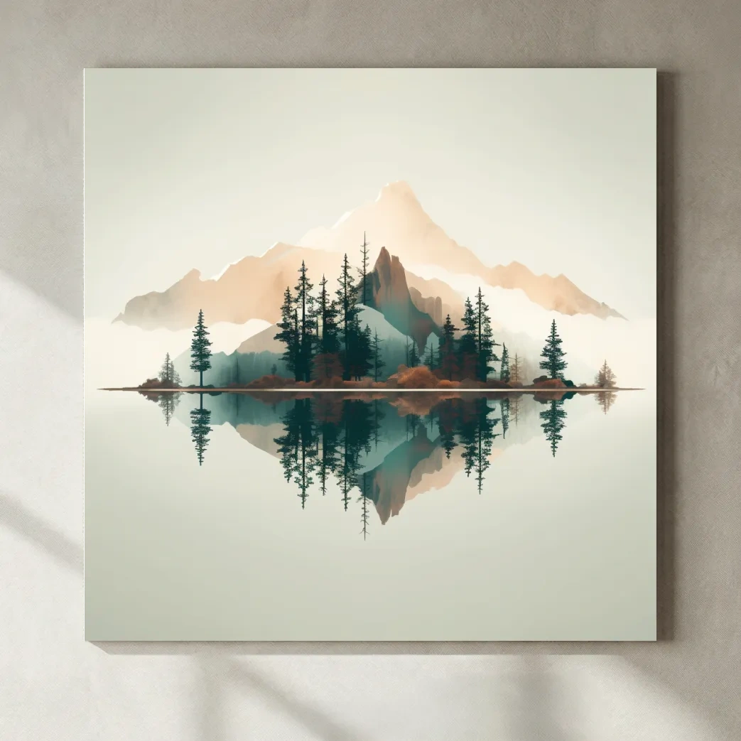 Minimalist Watercolor Mountain Lake Reflection - Serene Pine Forest Landscape Wall Art