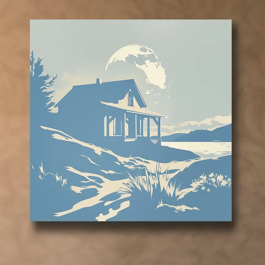 Lakeside cabin on a moonlit night, minimal vector wall artwork
