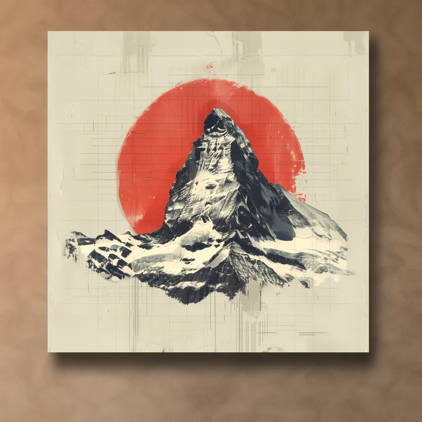 Matterhorn at sunset drawing, Swiss Alps, Japandi style illustration mountain artwork