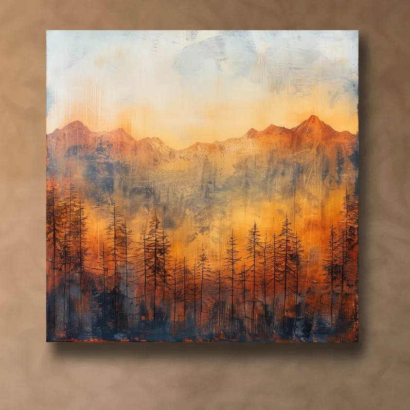Landscape painting, mountains and trees, textured mixed-media style artwork