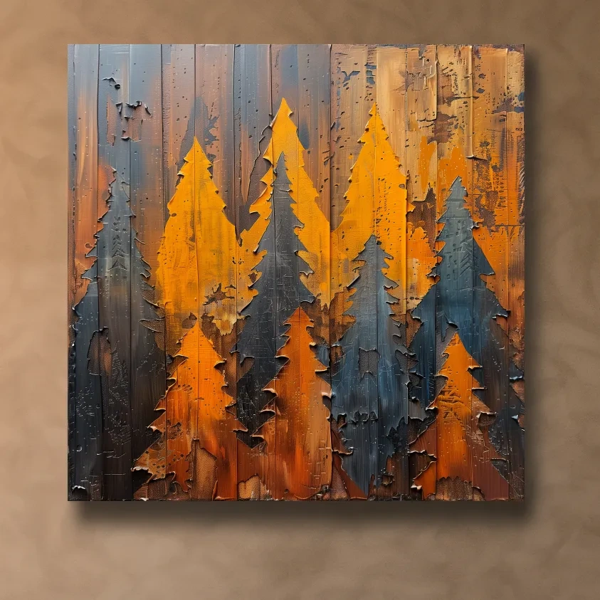 Painted wood artwork, alpine forest painting, peeled paint effect
