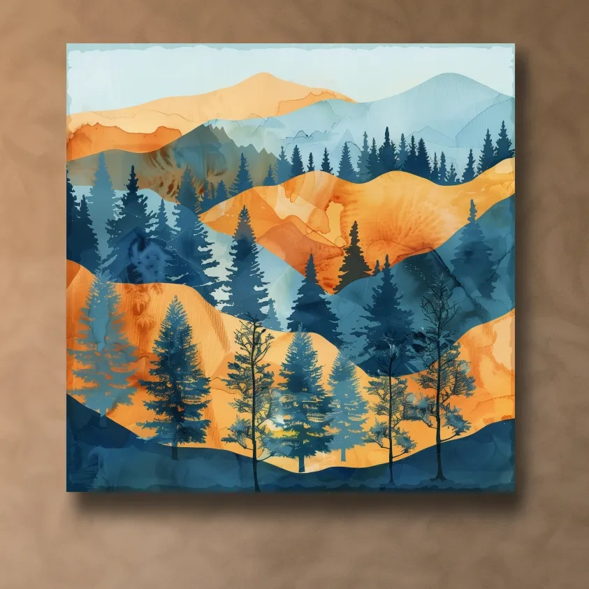 Watercolour painting forest wall art, pine trees, rolling hills and mountains