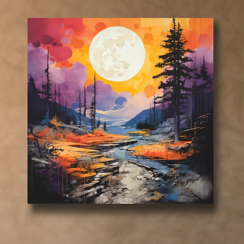 Vibrant River Valley Landscape Illustration - Abstract Sunset Forest Wall Art