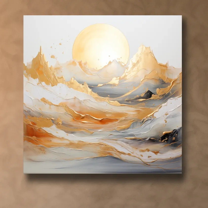 Gold Leaf Abstract Mountains Painting - Minimalist Sunrise Landscape Wall Art