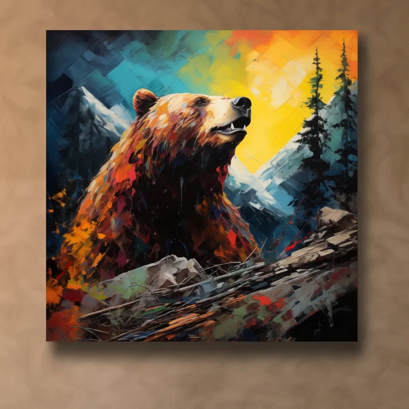 Colourful painting of a grizzly bear in the mountains