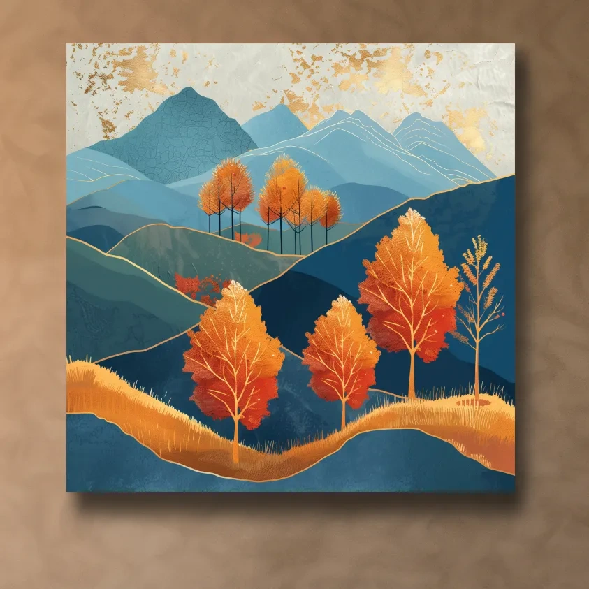 Fall in the mountains wall art, gold leaf effect artwork