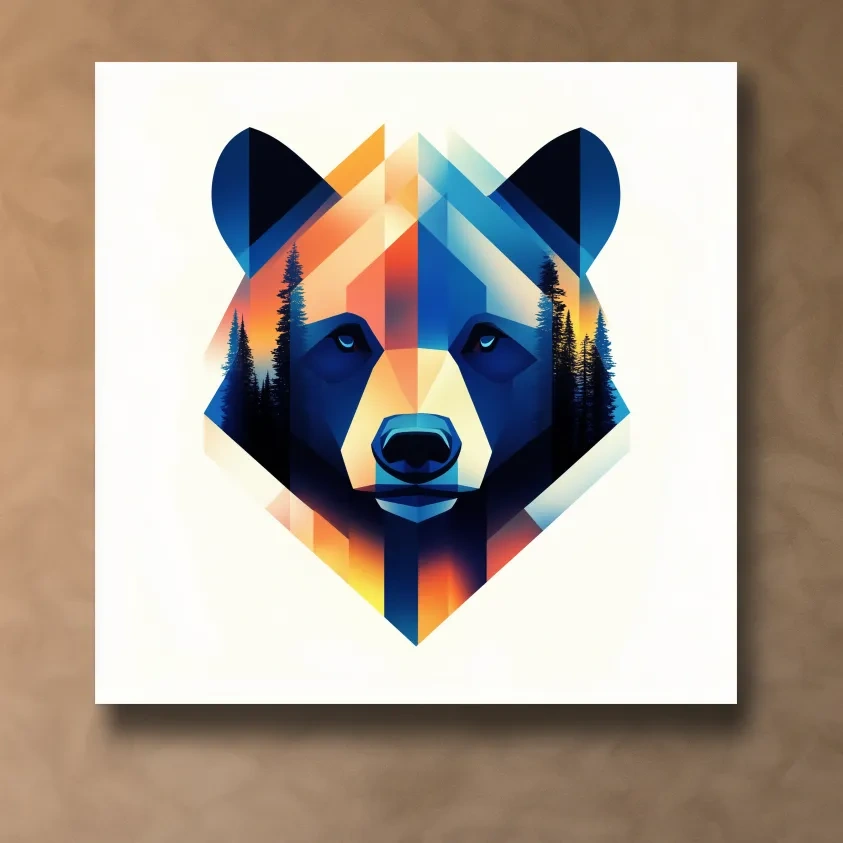 Colorful bear head illustration print, double exposure forest wall art