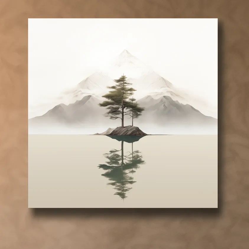 Minimalist Misty Lake Landscape Artwork - Serene Zen Pine Tree Reflection Art