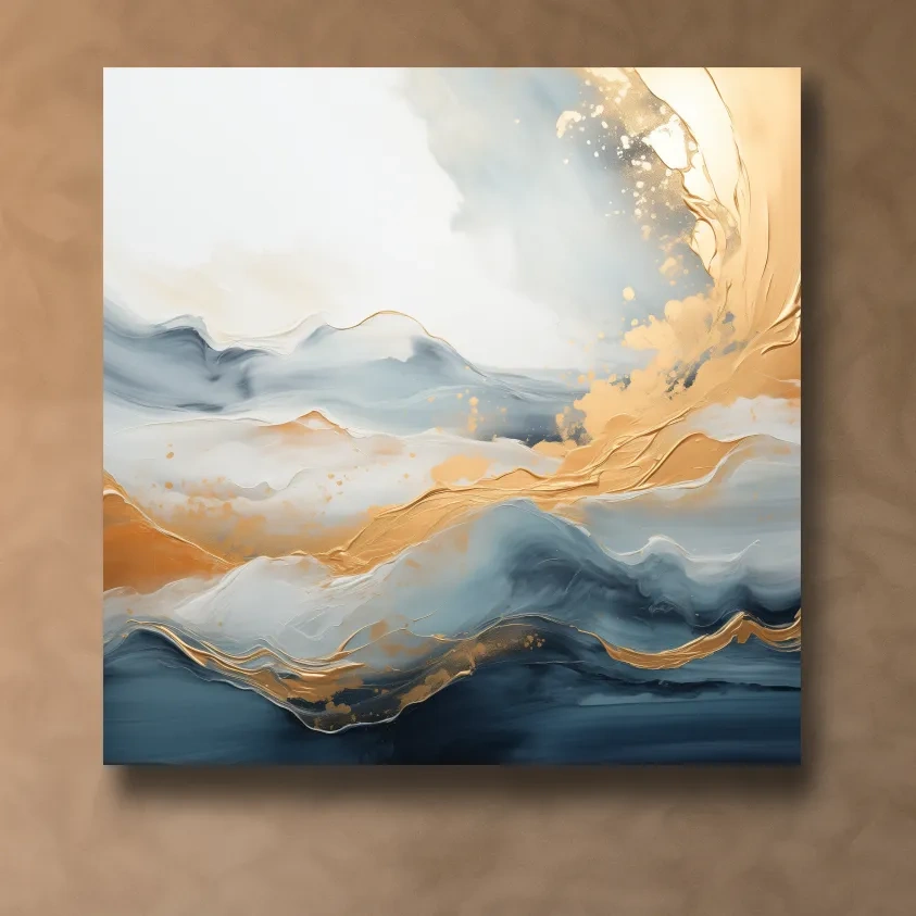Fluid Abstract Blue And Gold Mountain Landscape - Modern Mixed Media Wall Art