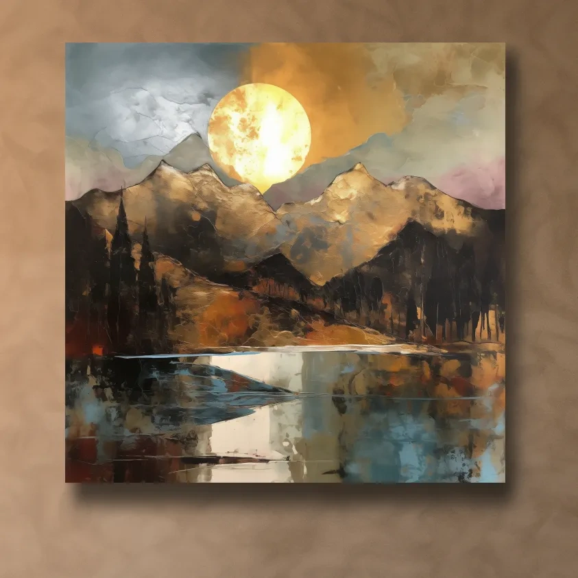 Golden mountain sunset artwork, gold leaf textured style landscape wallart