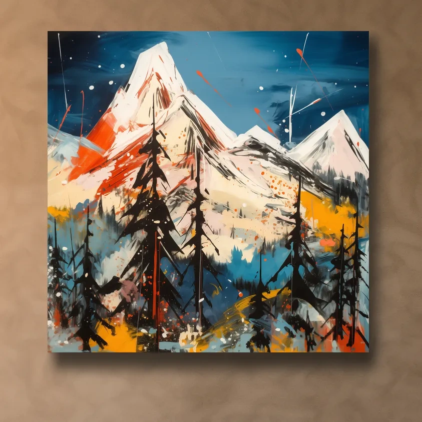 Mountain sunset artwork, vivid abstract colors with splattered paint effect