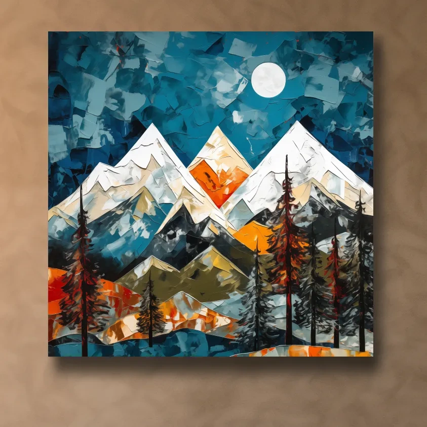Abstract Impasto Style Mountain Nightscape - Moonlit Alpine Landscape Wall Art