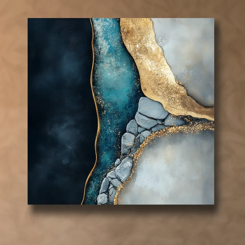 Elegant abstract riverbed rock artwork, natural flowing modern wall art