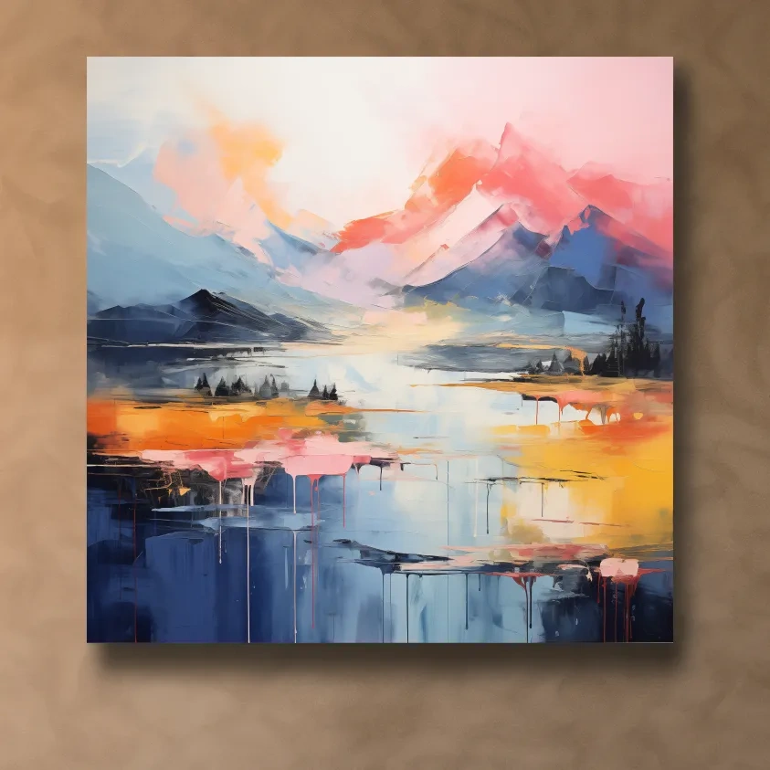 Vibrant Abstract Mountain Lake Sunset Painting - Colorful Modern Landscape Wall Art