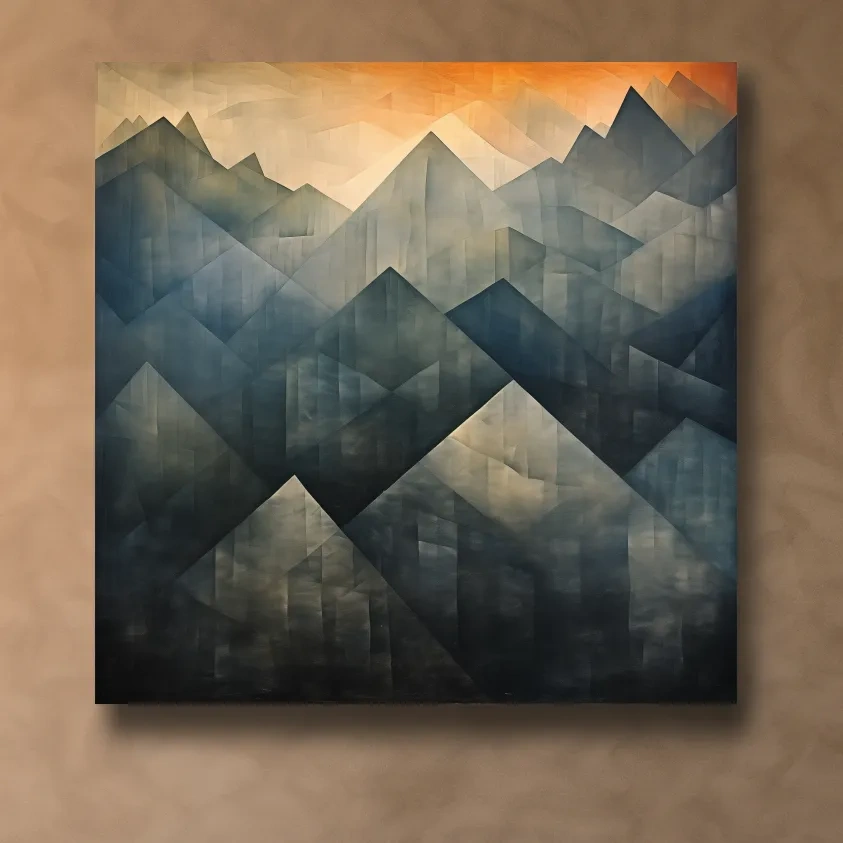 Abstract geometric mountain wall art, gradient shades with warm sunset sky