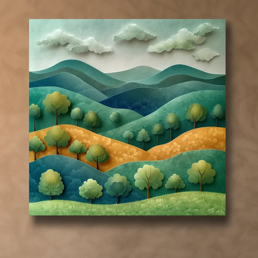 Rolling hills and trees 3d artwork, layered paper quilling effect