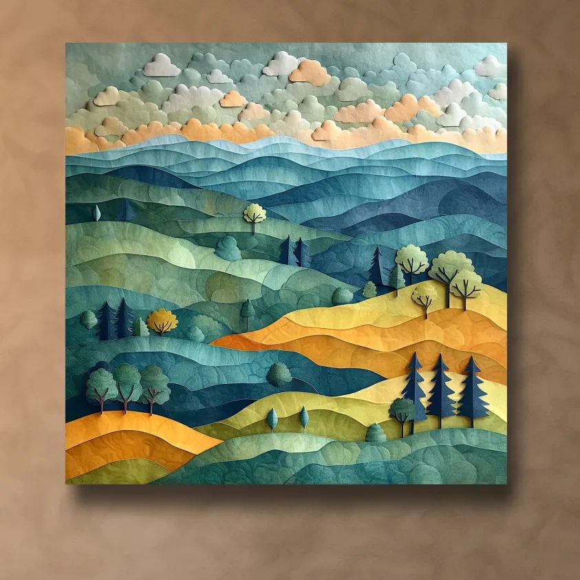 Happy hillside scene, 3d layered paper quilling cutout effect