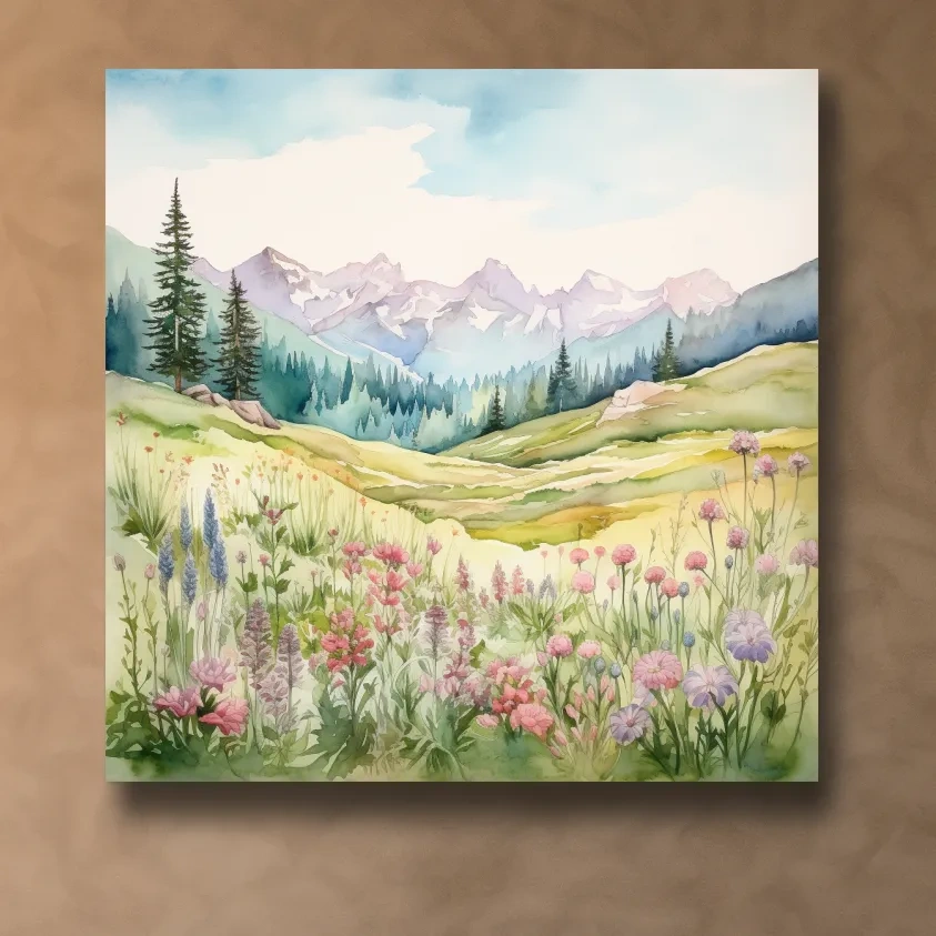 Alpine Meadows Wildflower Watercolour - Pastel Mountains Landscape Wall Art