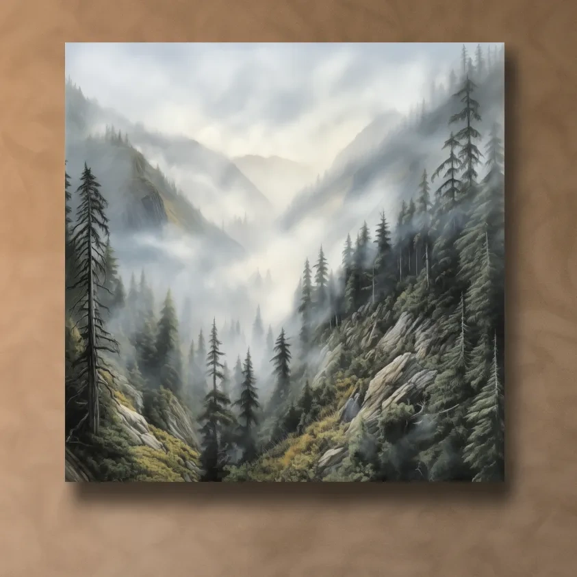 Painting of fog rolling through the mountains and trees