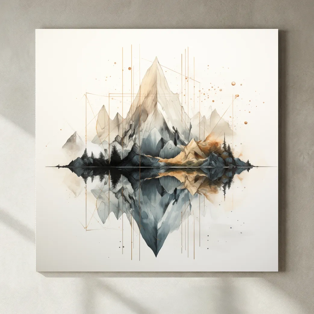 Geometric Watercolor Mountain Reflection Landscape - Modern Minimalist Wall Art