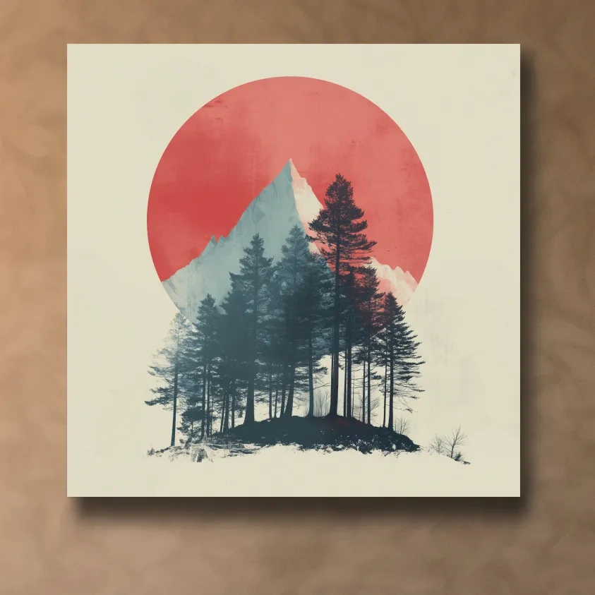 Minimalist Mountain Peak Pine Forest - Scandinavian Sunset Landscape Wall Art