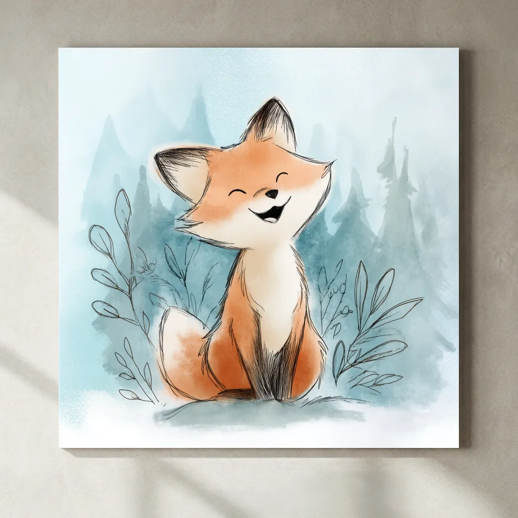 Whimsical Watercolor Fox Cub Illustration - Cute Woodland Nursery Wall Art