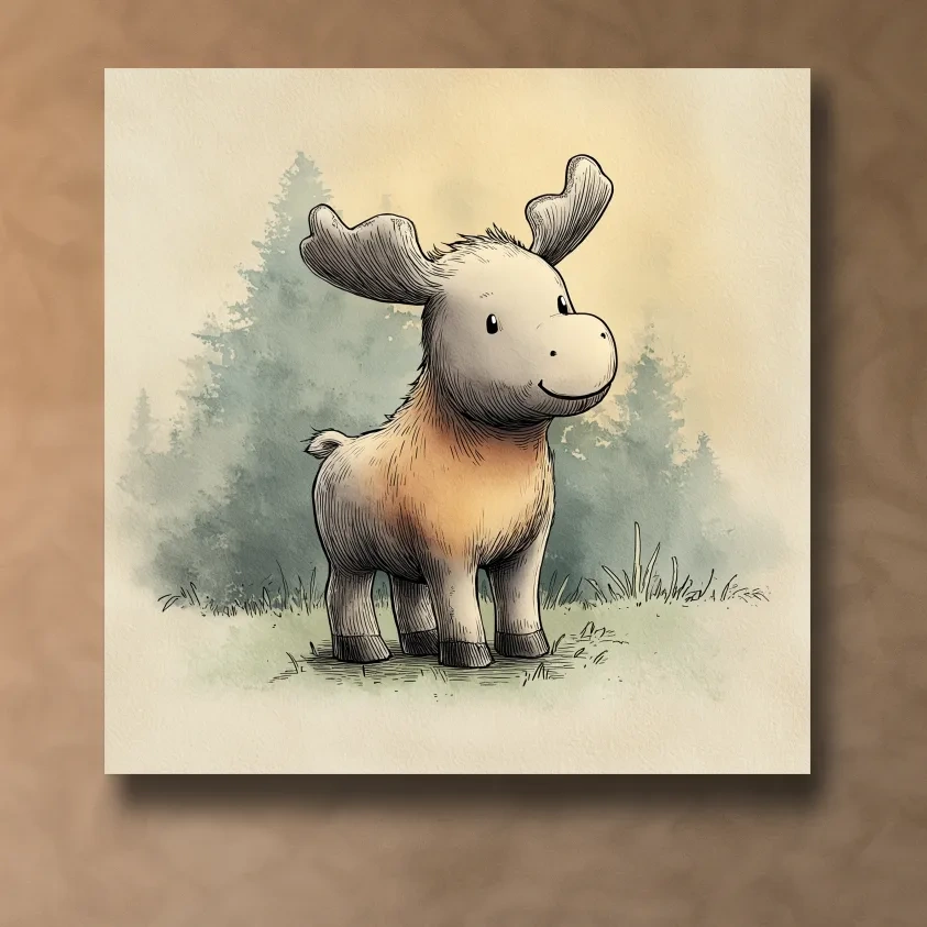Cute Baby Moose Watercolor Illustration - Woodland Nursery Animal Wall Art
