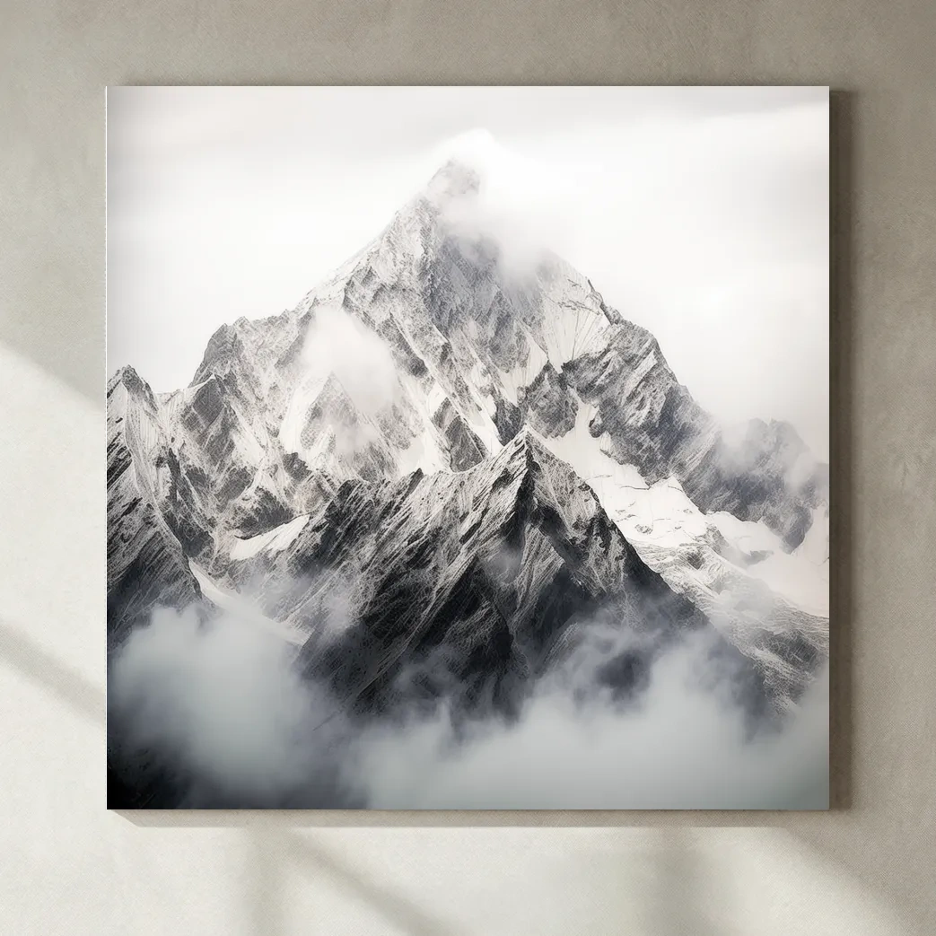 Snowcapped Alpine Peak Photography - Monochrome Mountain Wall Art