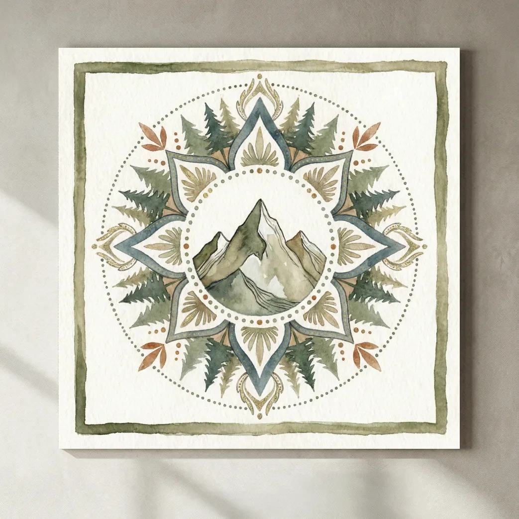 Mountain Mandala Watercolor - Boho Botanical Nature Wall Art
