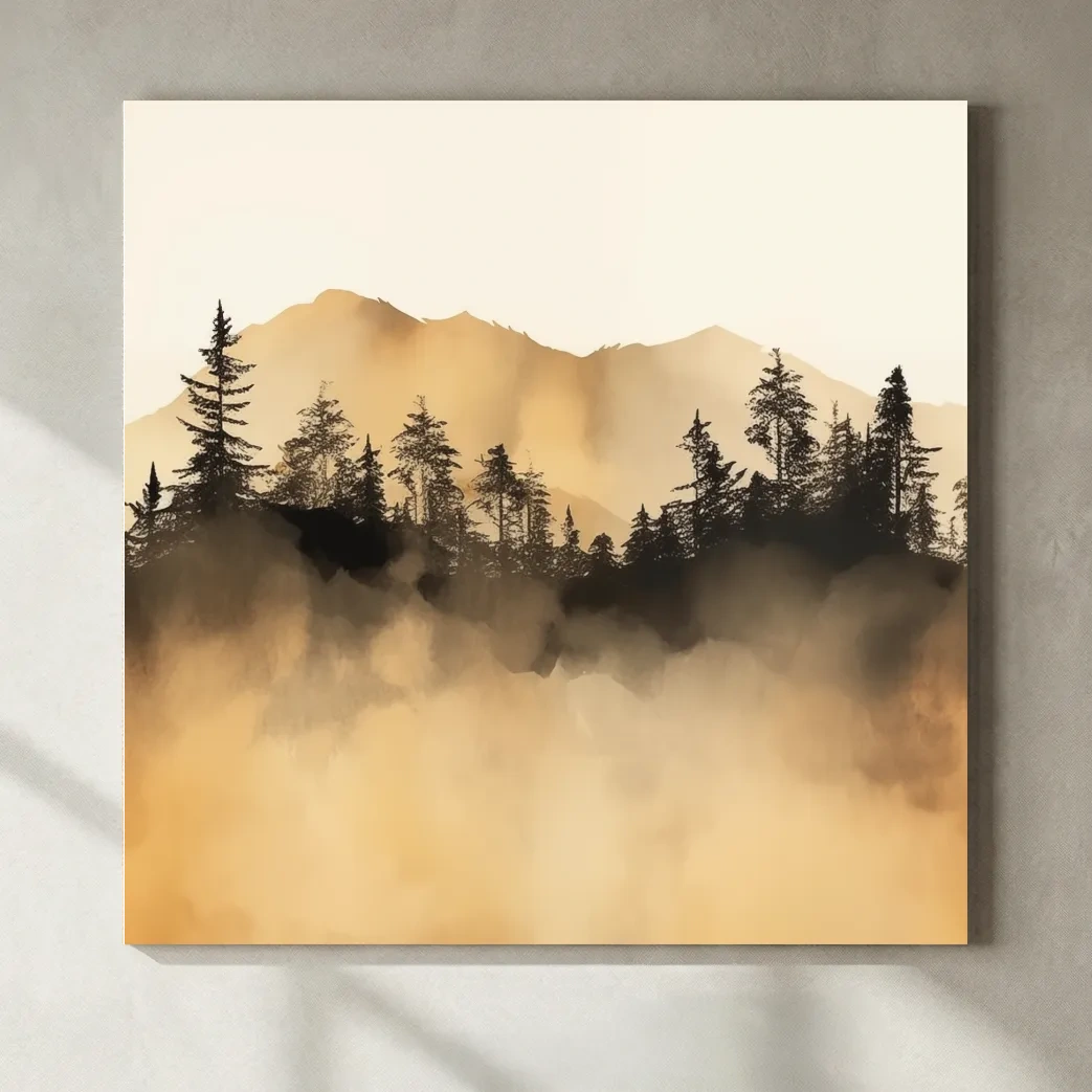 Misty Golden Mountain Pine Forest - Sepia Watercolor Landscape Wall Art