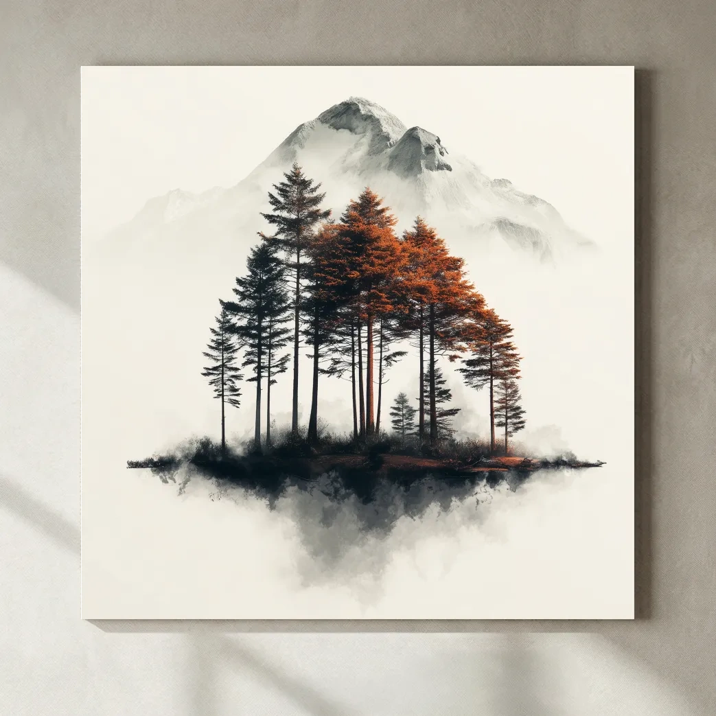 Misty Mountain Pine Forest Watercolor - Autumn Landscape Wall Art