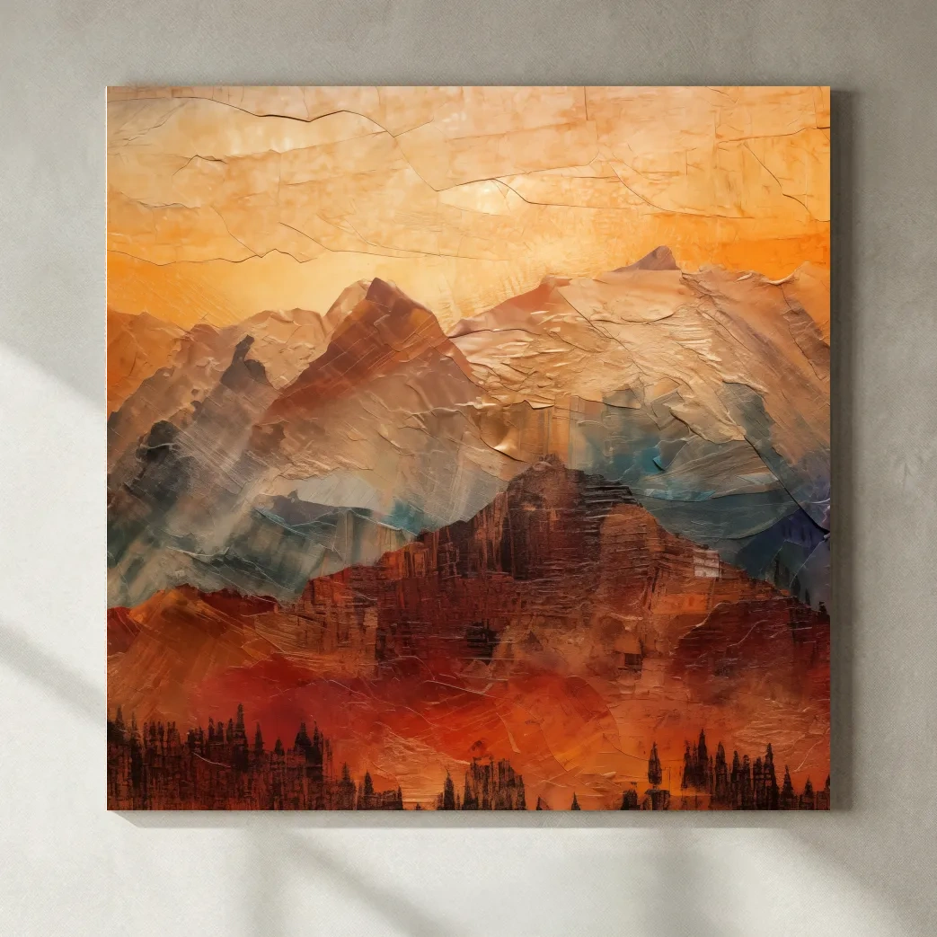 Impasto Style Abstract Mountain Range Sunset - Warm Rustic Landscape Wall Art