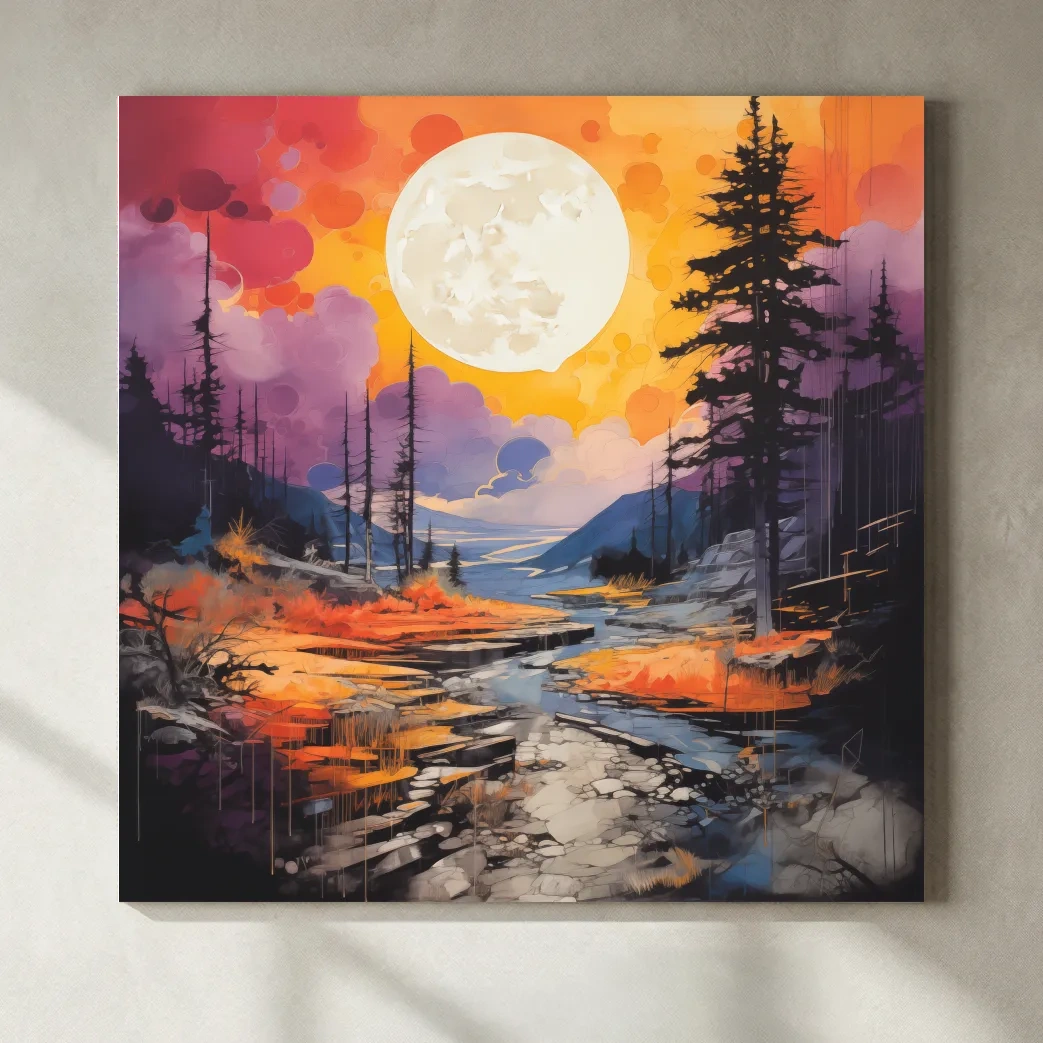 Vibrant River Valley Landscape Illustration - Abstract Sunset Forest Wall Art