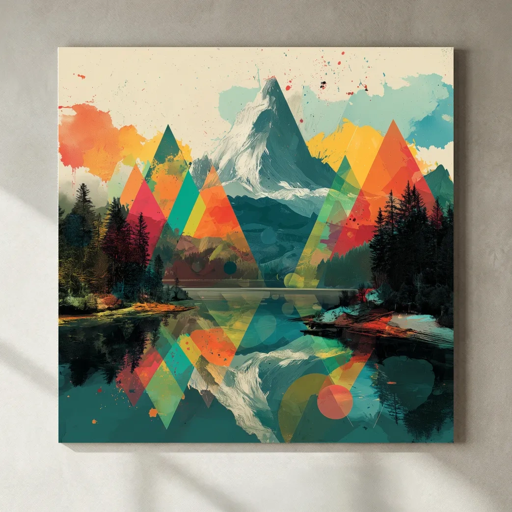 Vibrant Abstract Mountain Lake Collage Art - Colorful Alpine Wall Art