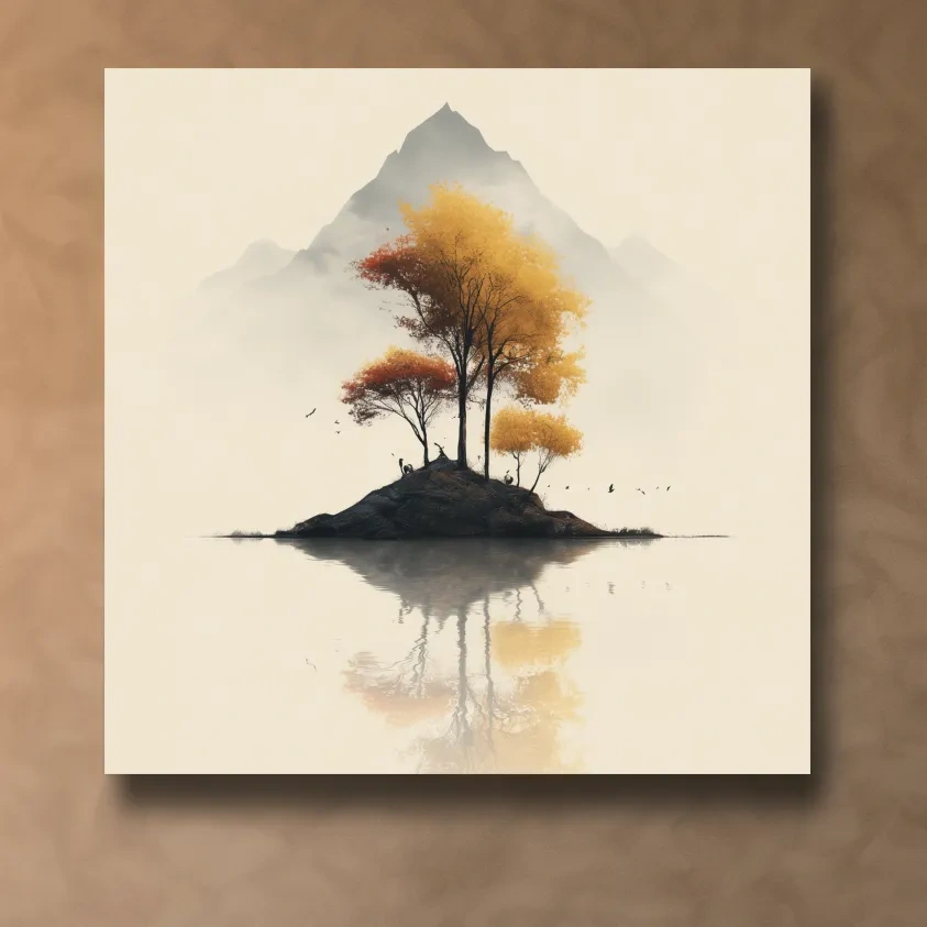 Minimalist Autumn Trees On Misty Lake Island - Serene Mountain Landscape Wall Art