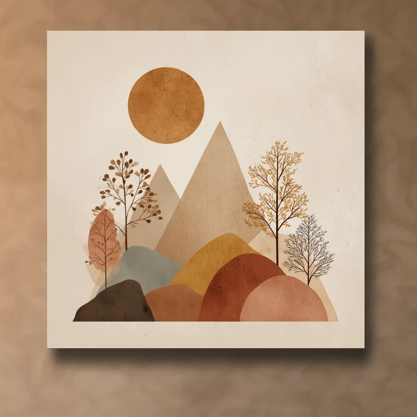 Minimalist Scandi Mountain Sunset Landscape - Boho Neutral Earth Tone Wall Art