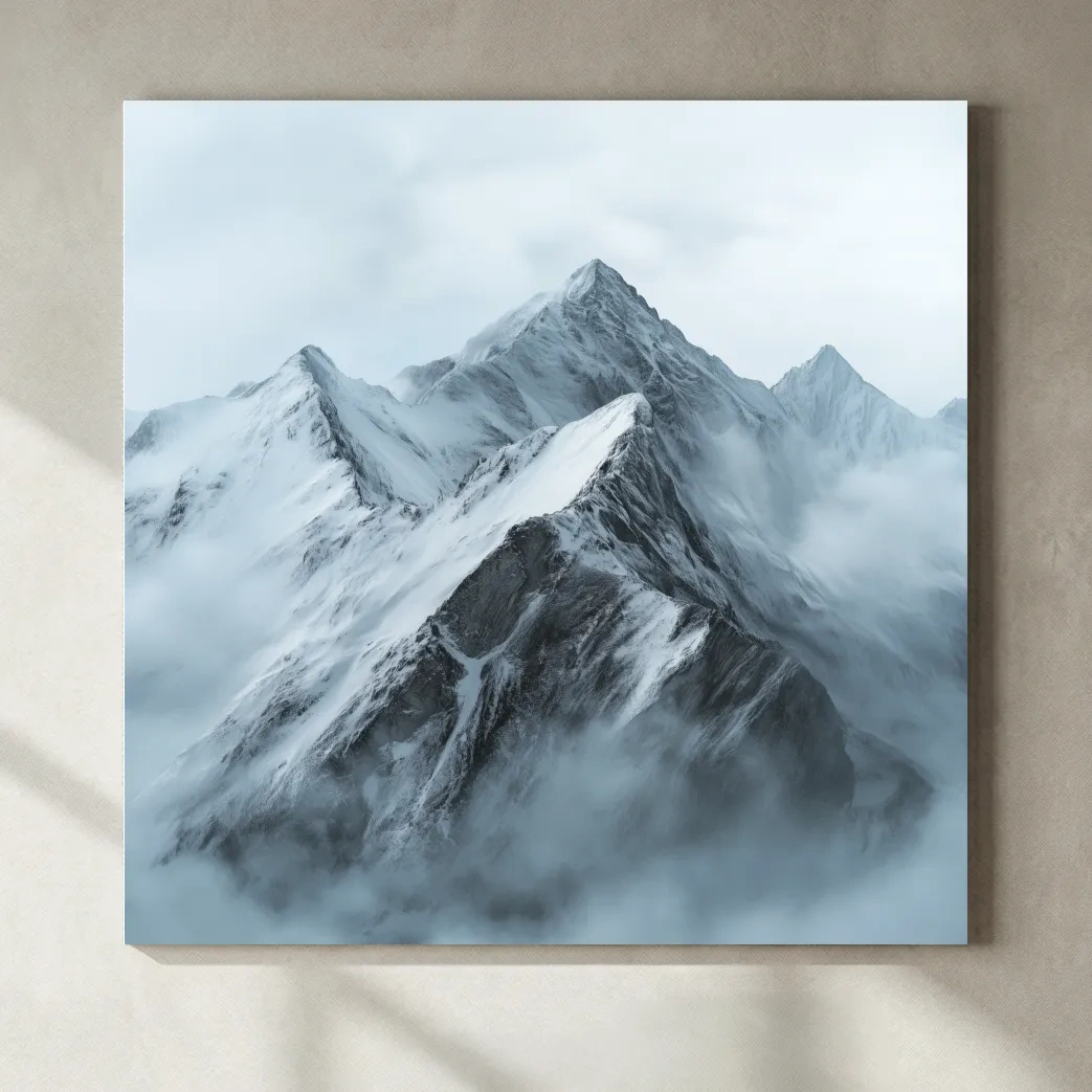 Misty Snowcapped Alpine Peak Landscape - Monochrome Photographic Mountain Wall Art