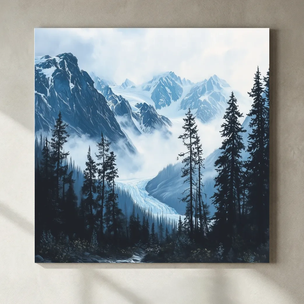 Misty Alpine Glacier Valley Landscape - Moody Mountain Forest Wall Art