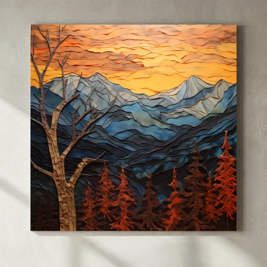 Layered Paper Cut Alpine Mountain Sunset - Mixed Media 3D Landscape Wall Art